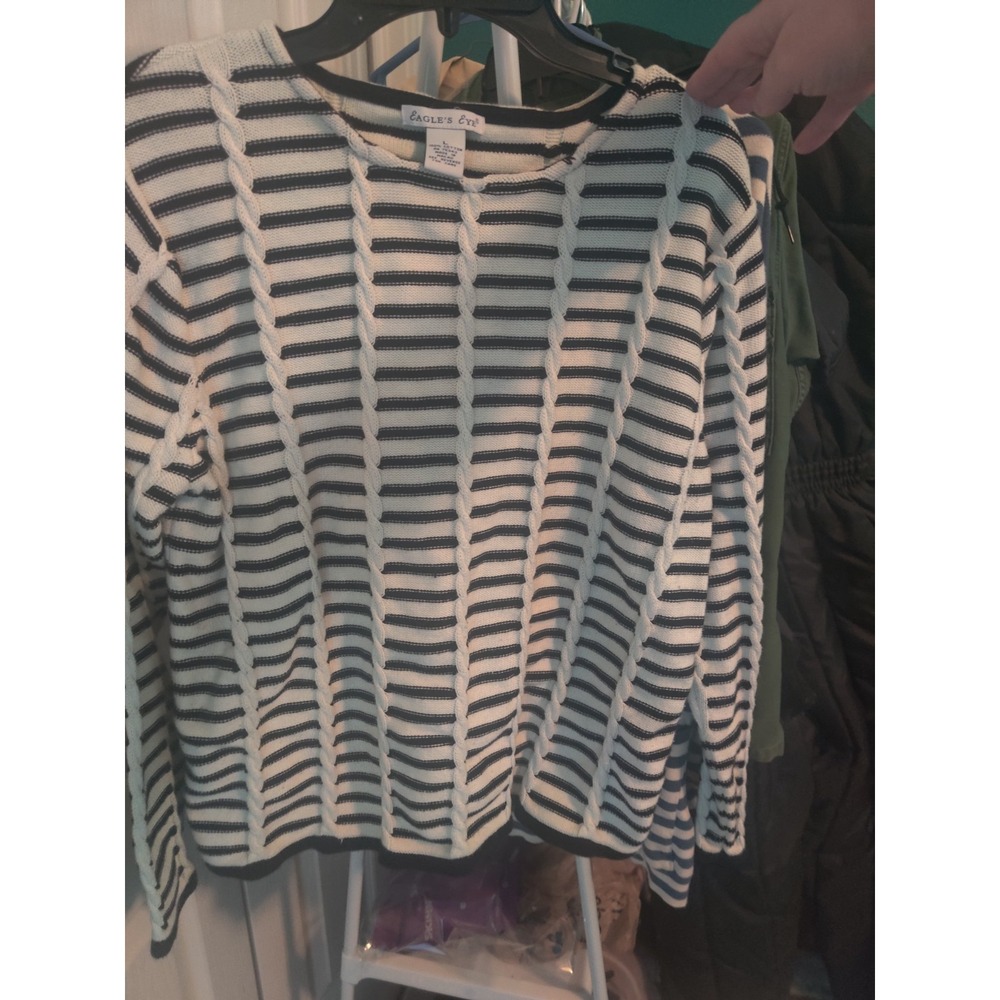 Eagle's Eye Women's Striped Cable Knit Cotton Crewneck Sweater Long Sleeve L